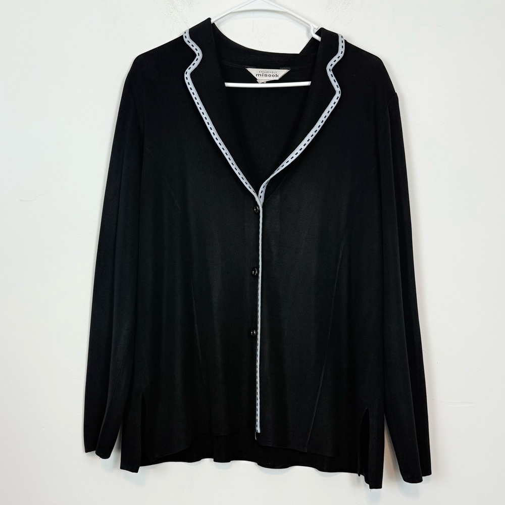 Misook Black with White Trim Buttoned Cardigan. Size Medium. Lagenlook. Classic